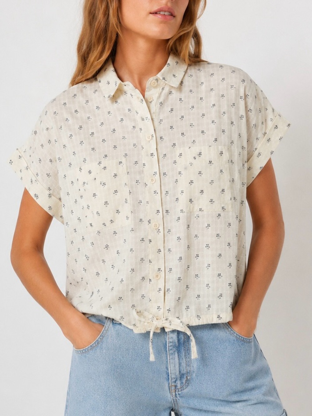 Madewell Drawstring Button Up Shirt Blooming Ikat Cotton Crop Top Boho XS